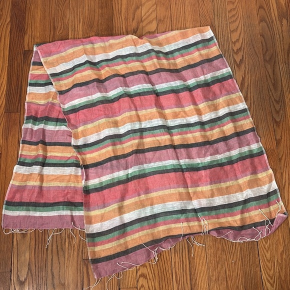 Kew linen cotton blend scarf wrap colorful stripes fringe - Picture 2 of 6